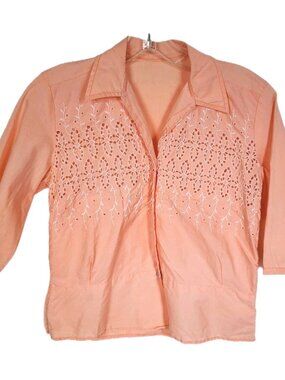Vintage Peach Eyelet Embroidered Blouse 3/4 Sleeve Boho Cottagecore Top XXS/XS